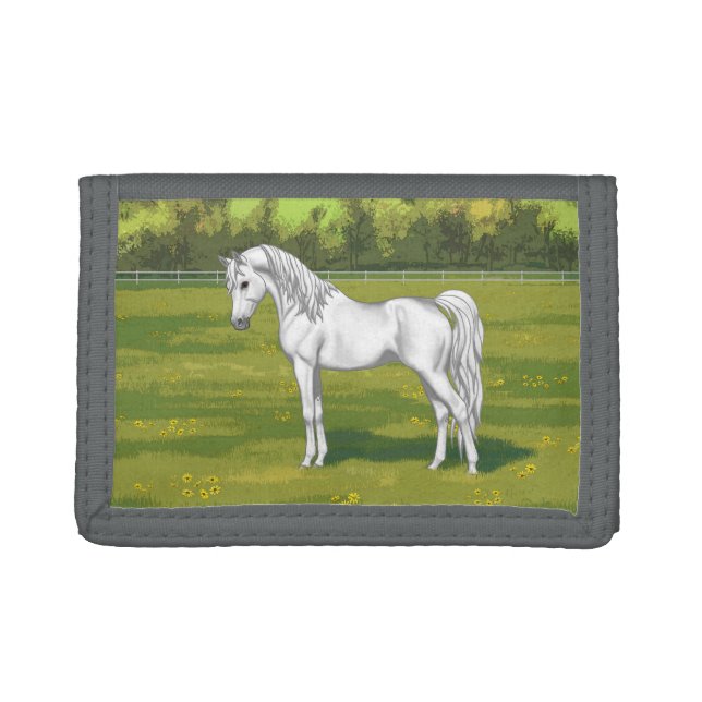 White Egyptian Arabian Horse in Summer Pasture Trifold Wallet (Front)