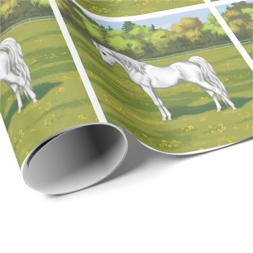 White Egyptian Arabian Horse in Summer Pasture Wrapping Paper