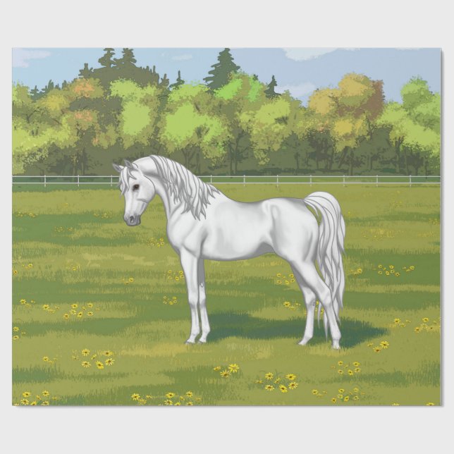 White Egyptian Arabian Horse in Summer Pasture Wrapping Paper (Flat)