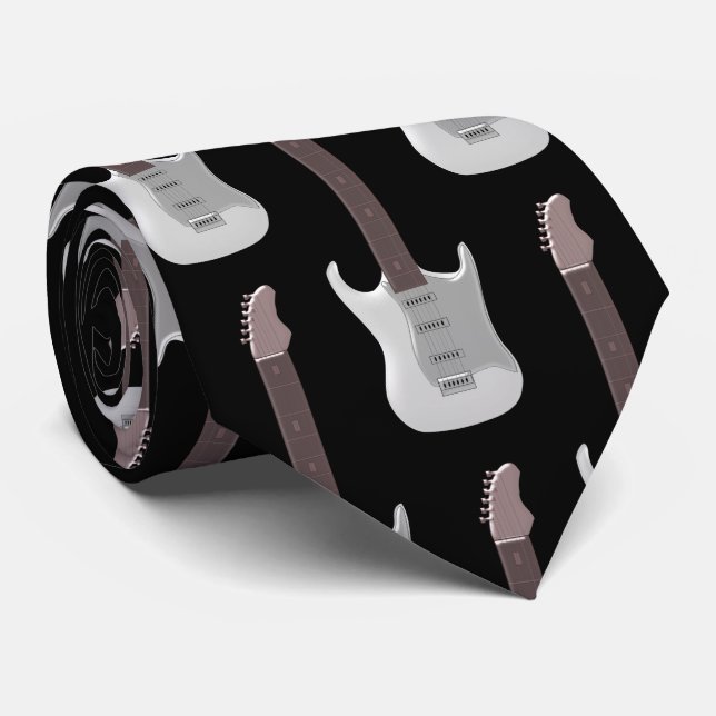 White Electric Guitar Design Neck Tie (Rolled)