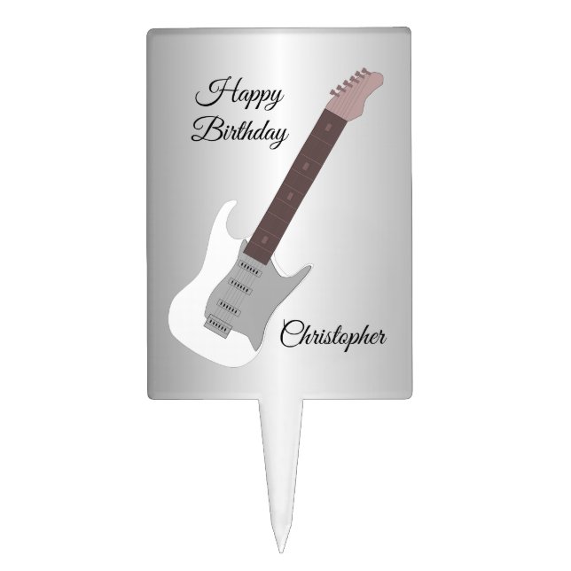 White Electric Guitar Personalised Birthday Cake Topper (Front)