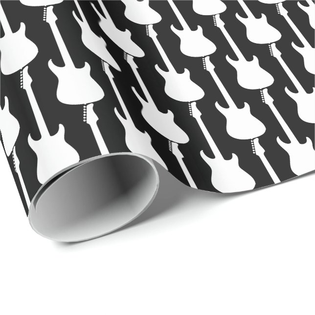 White Electric Guitar Stripes on Black Wrapping Paper (Roll Corner)