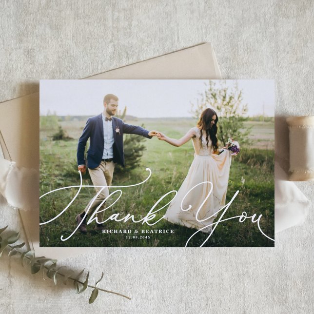 White Elegant Beatrice Script Wedding Photo Thank You Card (Creator Uploaded)