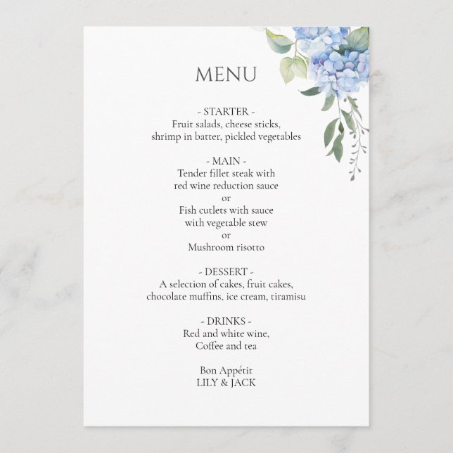 White | Elegant Blue Beige Hydrangea Wedding Menu (Front)