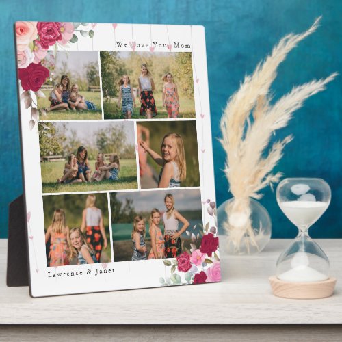 White Elegant Botanical Floral Mom 6 Photo Collage Plaque