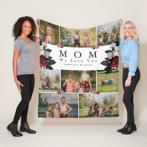 White Elegant Botanical Floral Mom 8 Photo Collage Fleece Blanket