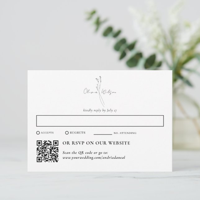 White Elegant Botanical Traditional & QR Code RSVP Card (Standing Front)