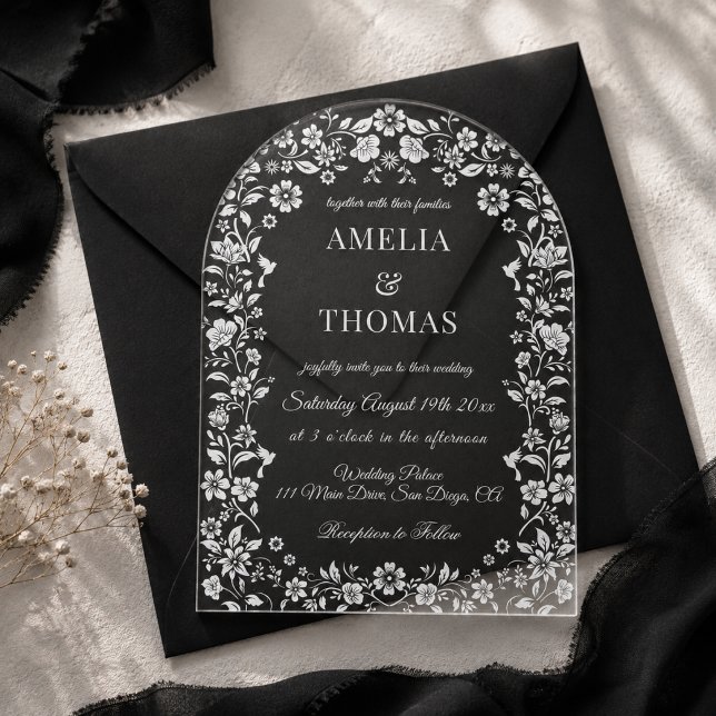White Elegant Botanical Wedding  Acrylic Invitations (Creator Uploaded)