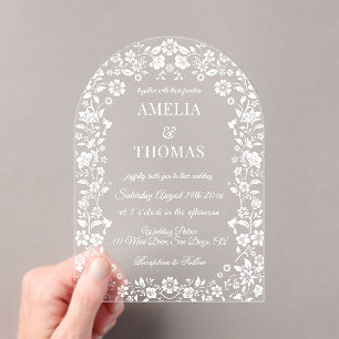 White Elegant Botanical Wedding Acrylic Invitations