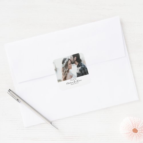 White Elegant Calligraphy Photo Wedding Thank You Square Sticker