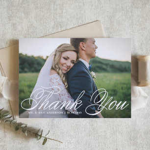 White Elegant Calligraphy Wedding Photo Letterpress Thank You Card