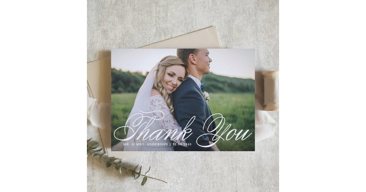 White Elegant Calligraphy Wedding Photo Thank You Card | Zazzle