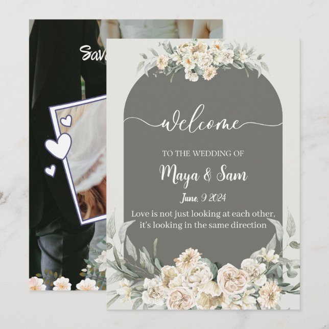 White elegant classic photo wedding  invitation (Front/Back)
