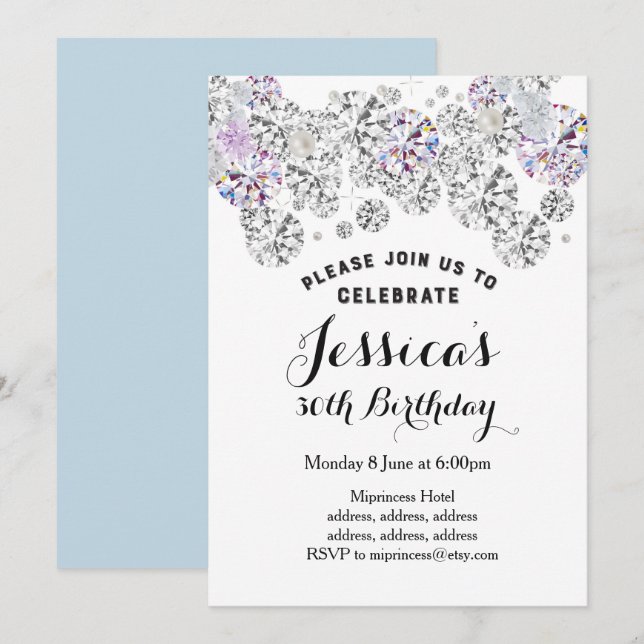 WHITE elegant diamond, glitter birthday invitation (Front/Back)