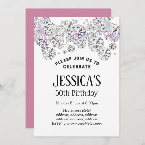 WHITE elegant diamond glitter birthday invitation