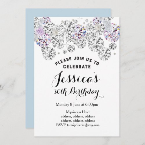 WHITE elegant diamond glitter birthday invitation