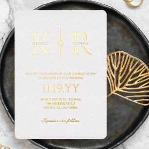 White Elegant Flare Monogram Wedding Foil Invitation