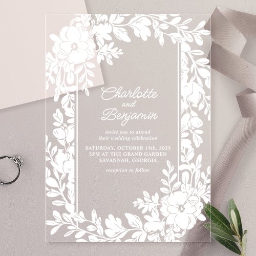 White Elegant Floral Border Wedding Acrylic Invitations