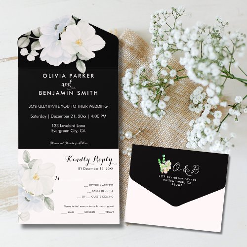 White Elegant Floral Monogram Modern Black Wedding All In One Invitation
