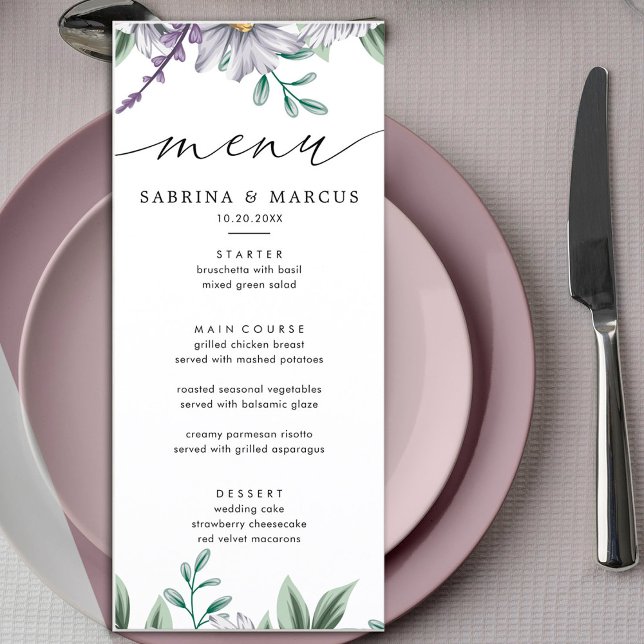 White Elegant Floral Personalized Wedding  Menu (Creator Uploaded)