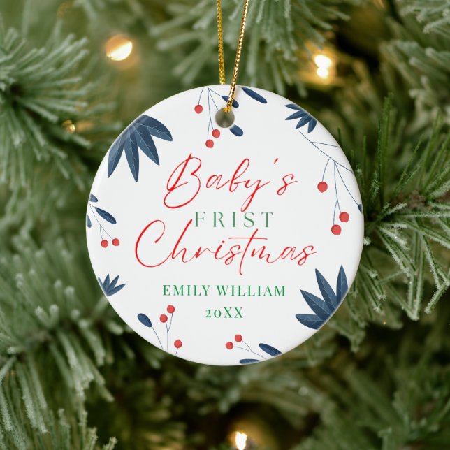 White Elegant Floral Photo Baby's Frist Christmas  Ceramic Ornament (Tree)