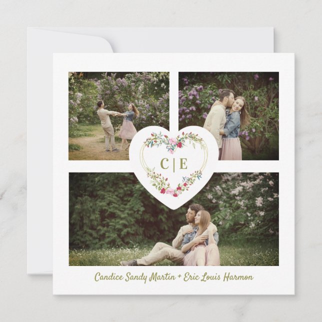 White Elegant Floral Pink Heart 3 Photos  Wedding Invitation (Front)