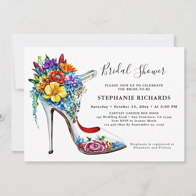 White Elegant Floral Shoe Bridal Shower Invitation (Front)