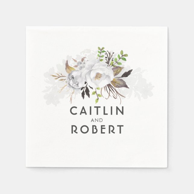White Elegant Floral Wedding Paper Napkins (Front)