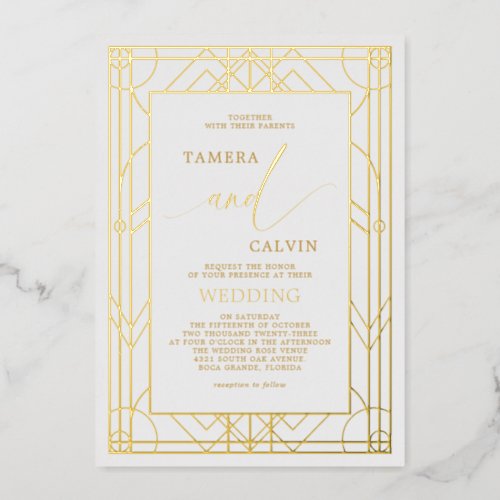 White Elegant Gold Decorative Frame Wedding Foil Invitation