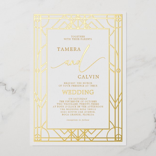 White Elegant Gold Decorative Frame Wedding Foil Invitation (Front)