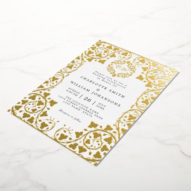 White Elegant Gold Floral Frame Initial Wedding Foil Invitation (Rotated)