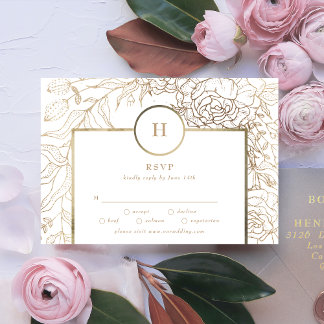 White Elegant Gold Monogram Wreath Wedding RSVP Ca Card