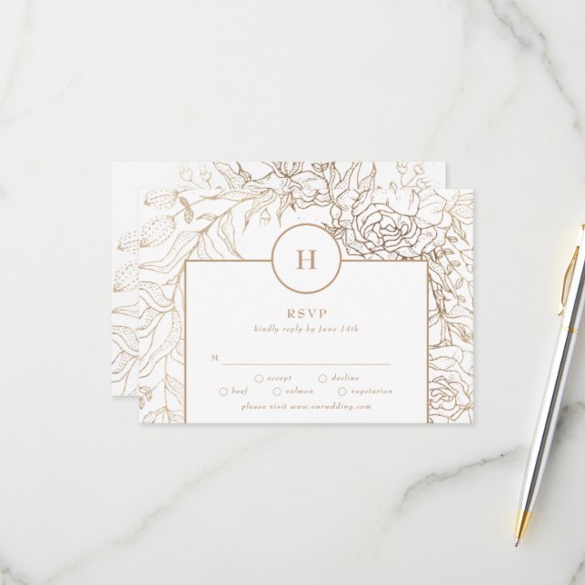 White Elegant Gold Monogram Wreath Wedding RSVP Card (Front/Back In Situ)