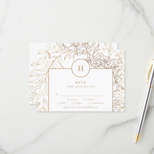 White Elegant Gold Monogram Wreath Wedding RSVP Card