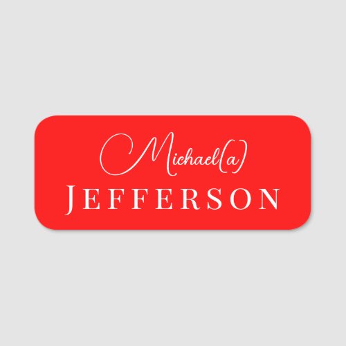 White Elegant Handwritten on Strawberry Red Modern Name Tag