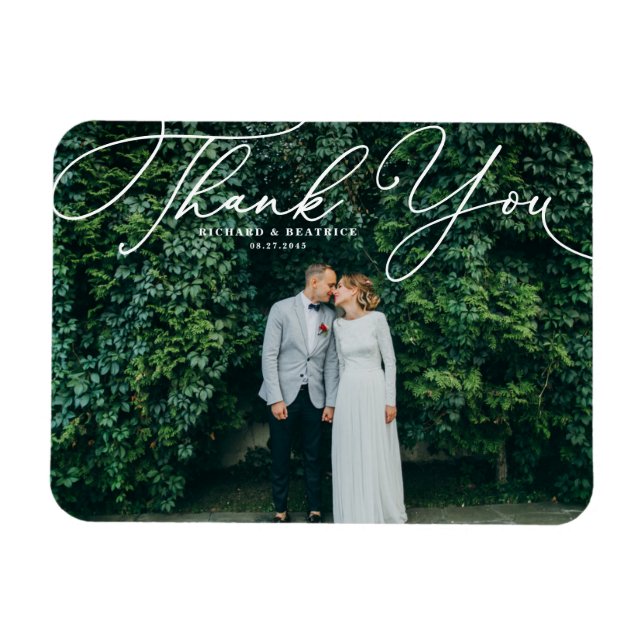 White Elegant Handwritten Script Photo Wedding Magnet (Horizontal)