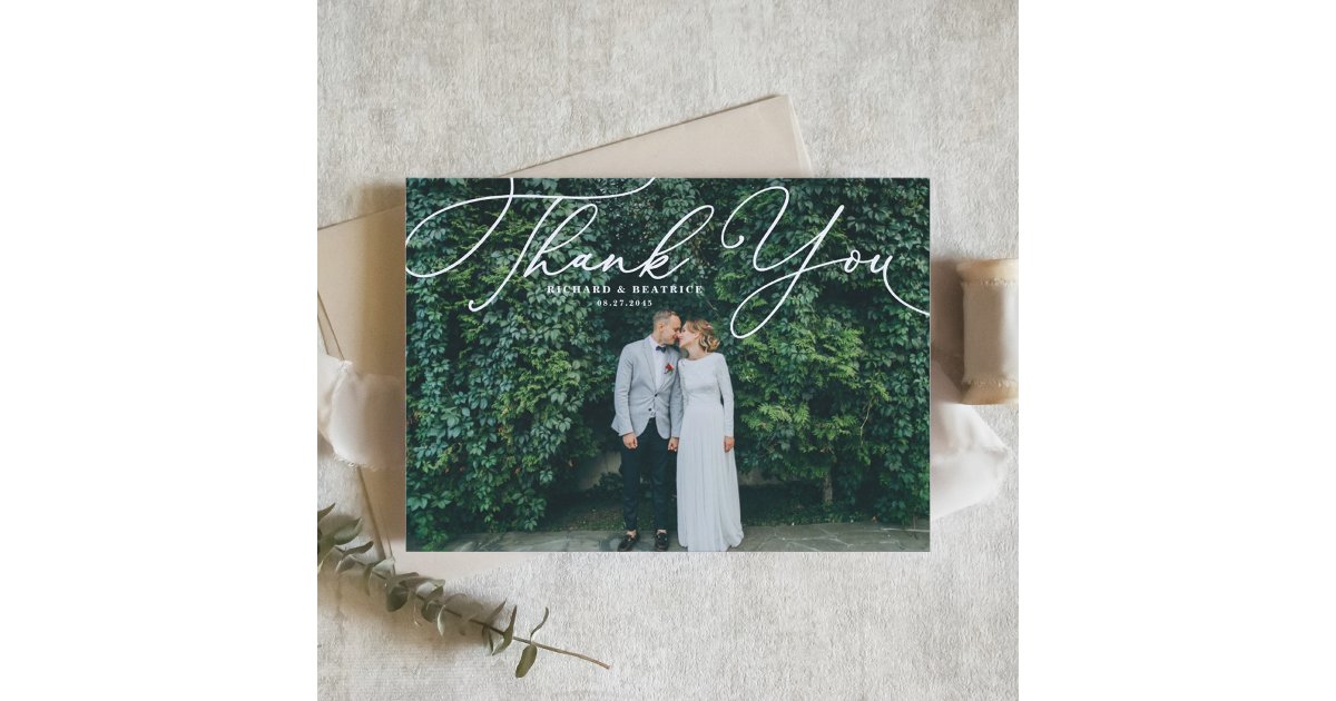 White Elegant Handwritten Script Photo Wedding Thank You Card | Zazzle