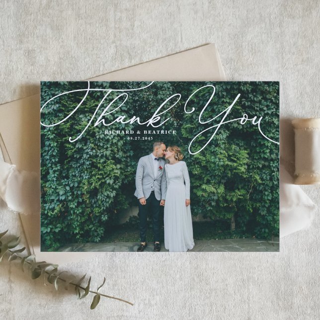 White Elegant Handwritten Script Photo Wedding Thank You Card (Creator Uploaded)