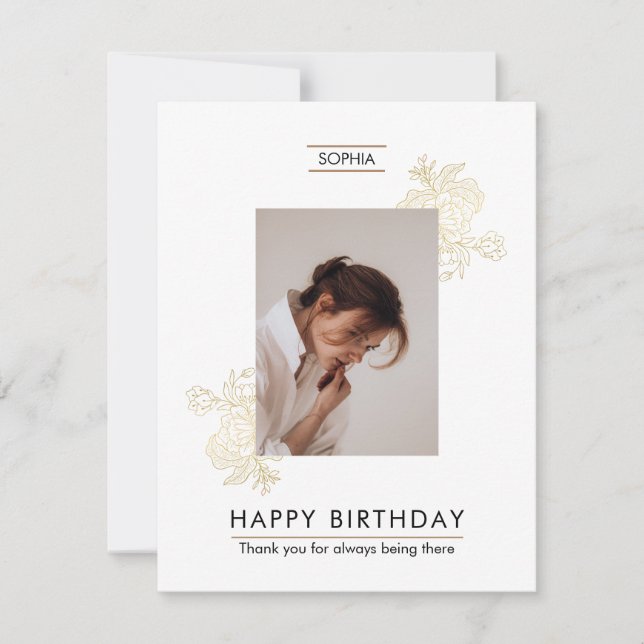 White Elegant Happy Birthday Photo  Holiday Card (Front)
