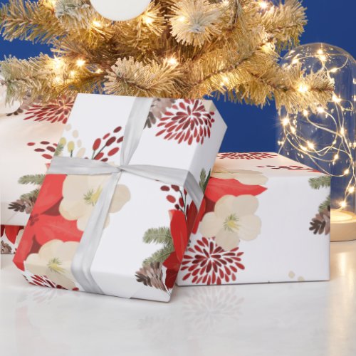 White Elegant Holiday Floral Pinecone Bouquet Wrap Wrapping Paper