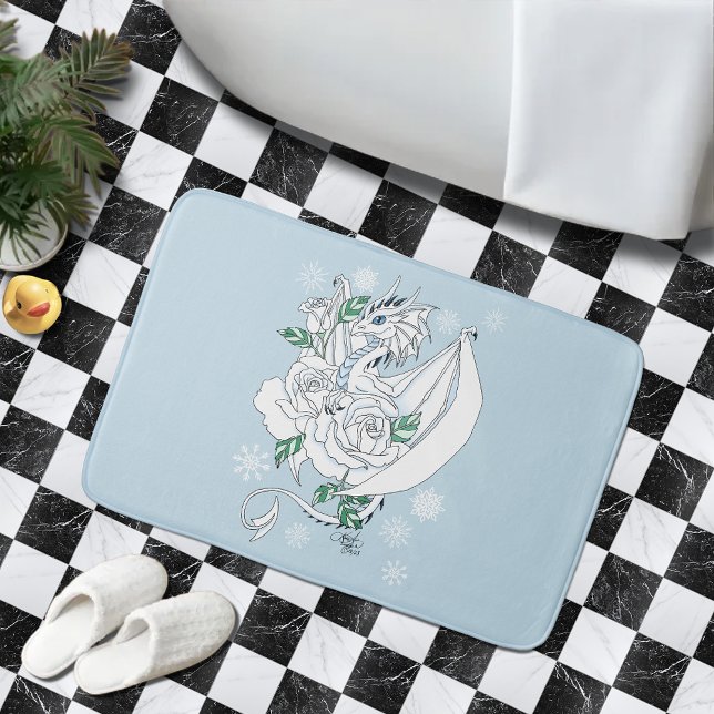 White Elegant Ice Dragon Blue Roses Fantasy Bath Mat (Creator Uploaded)