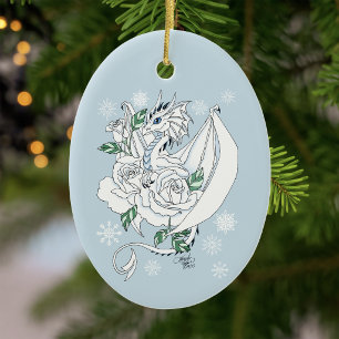 White Elegant Ice Dragon Blue Roses Fantasy Ceramic Ornament
