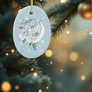 White Elegant Ice Dragon Blue Roses Fantasy Ceramic Ornament