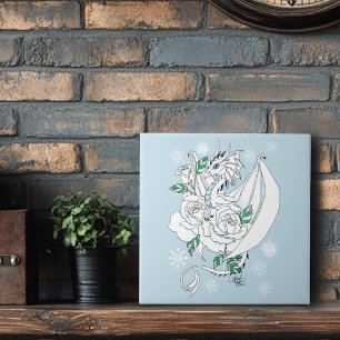 White Elegant Ice Dragon Blue Roses Fantasy Ceramic Tile