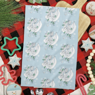White Elegant Ice Dragon Blue Roses Fantasy Kitchen Towel