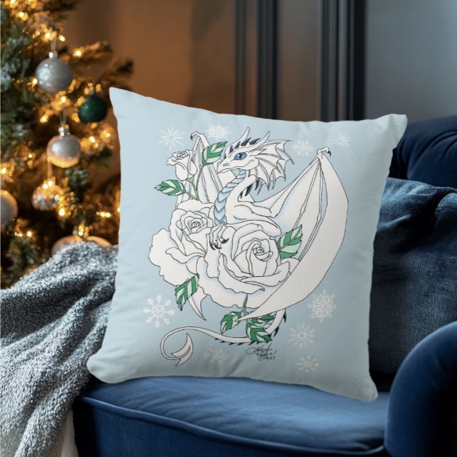 White Elegant Ice Dragon Blue Roses Fantasy Throw Pillow (Creator Uploaded)