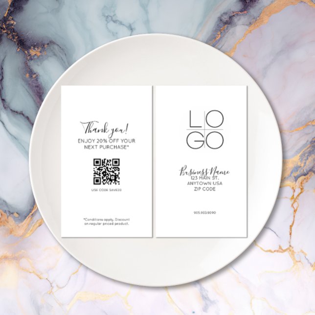 White Elegant Minimal Script Promo Discount QR Business Card (Elegant Minimal Script double-sided Discount card)