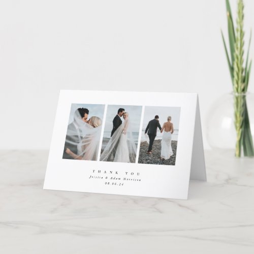 White Elegant Minimal Triple Photo Wedding Thank You Card
