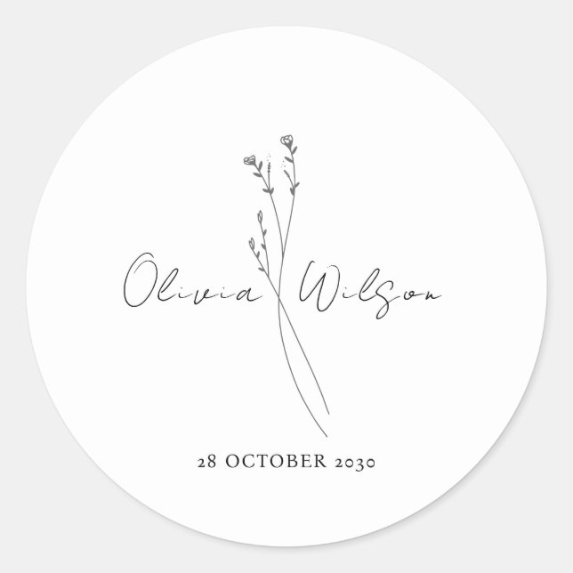 White Elegant Minimalist Botanical Classic Round Sticker (Front)