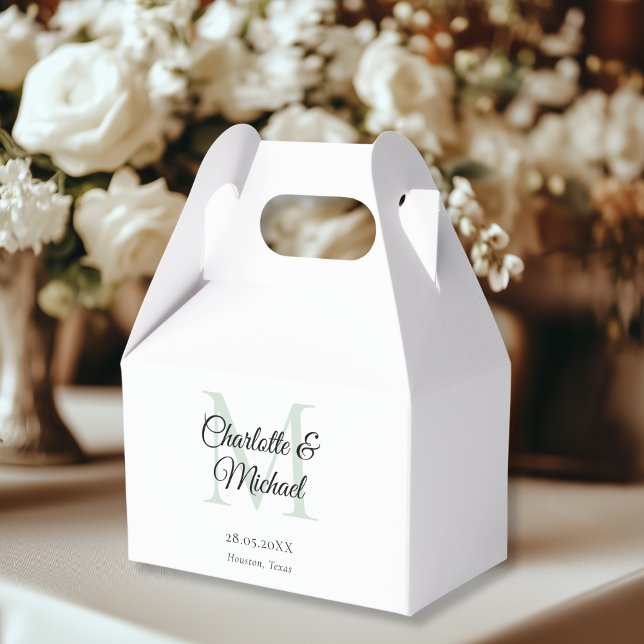White Elegant Monogram  Wedding Favor Boxes (White Elegant Monogram Wedding Favor Boxes, white, green, with your name and date.)